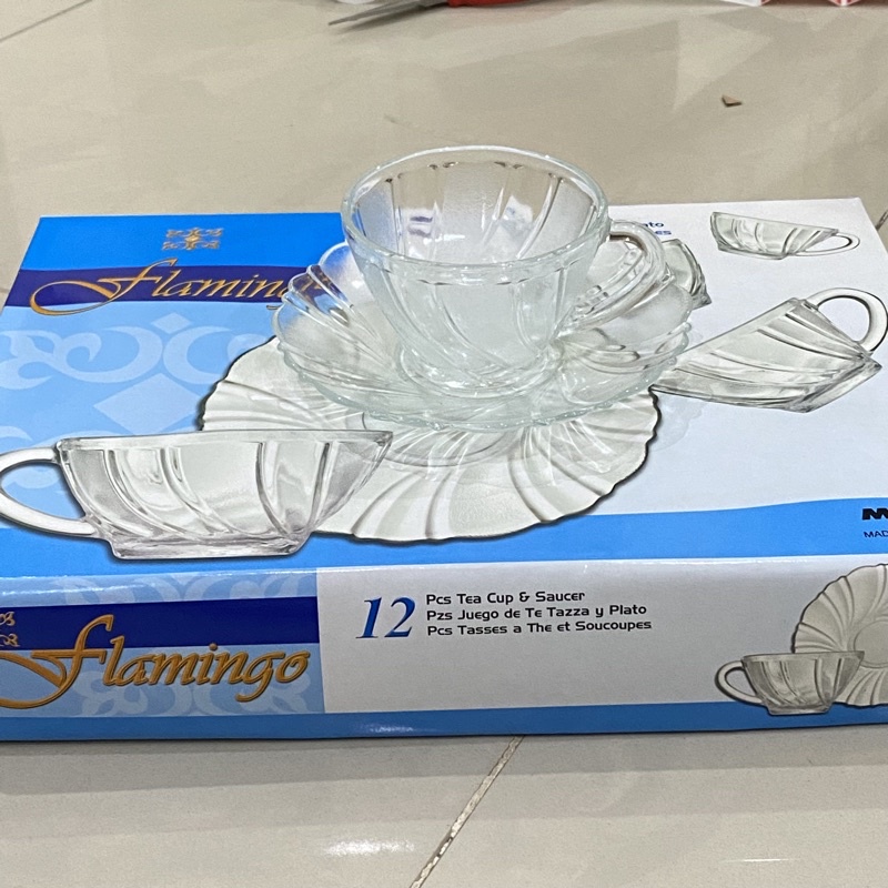 satu set cangkir teh kaca isi 12pcs flamingo