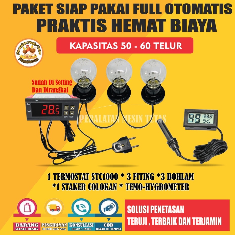 Paket Siap Pakai STC1000 Kapasitas 20 Sampai 100 Butir Telur  Termostat Thermo-Hygrometer Termometer Gea Mesin Tetas