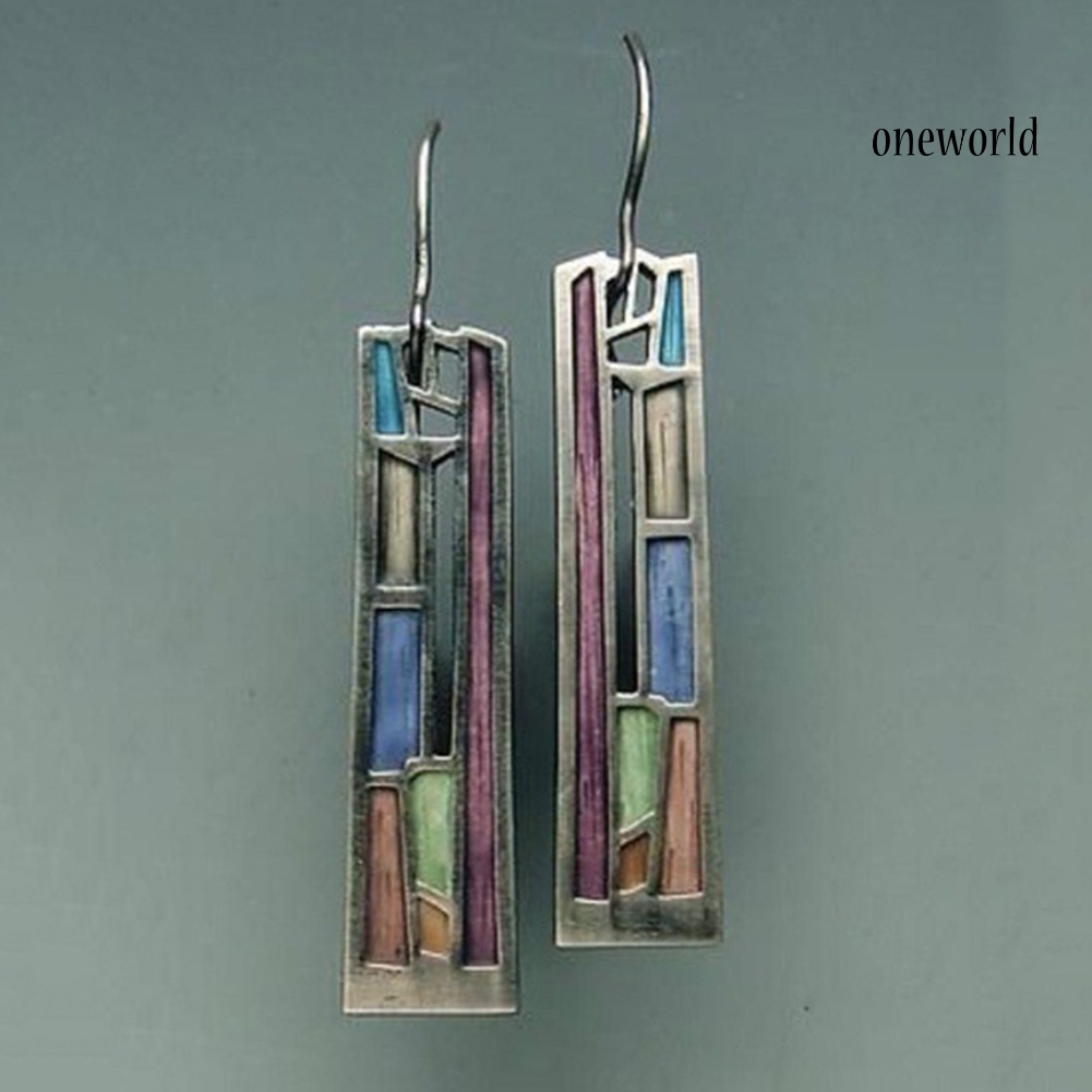 OW@ Party Fashion Colorful Hollow Out Rectangle Pendant Women Hook Earrings Jewelry