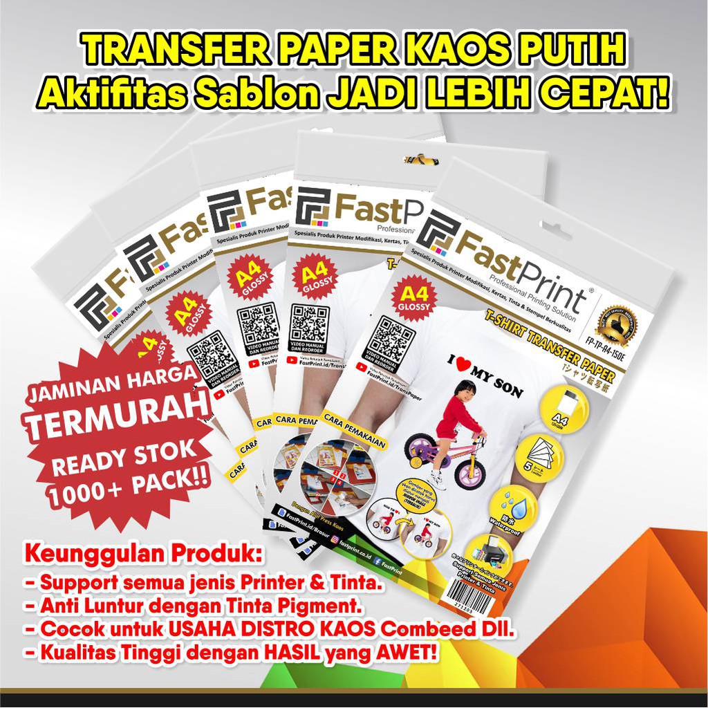 Kertas Transfer Paper Glossy A4 T Shirt Kaos Warna Putih Kertas Transfer Paper Glossy A4 T Shirt Kaos Warna Putih