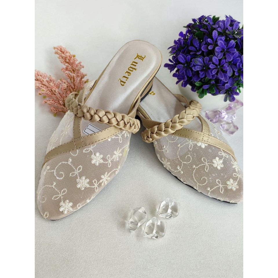 Sepatu Sandal Pesta Anak Perempuan Hak Tahu Selop Brukat Jala Kitten Heels Tumit Cewek