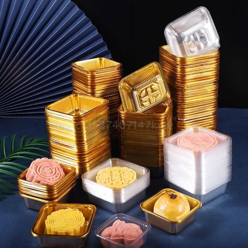 100PCS Tray Mooncake Kotak Kemasan Kue Bulan Warna Emas Transparan 50g Kotak Kemasan Permen Blister Persegi