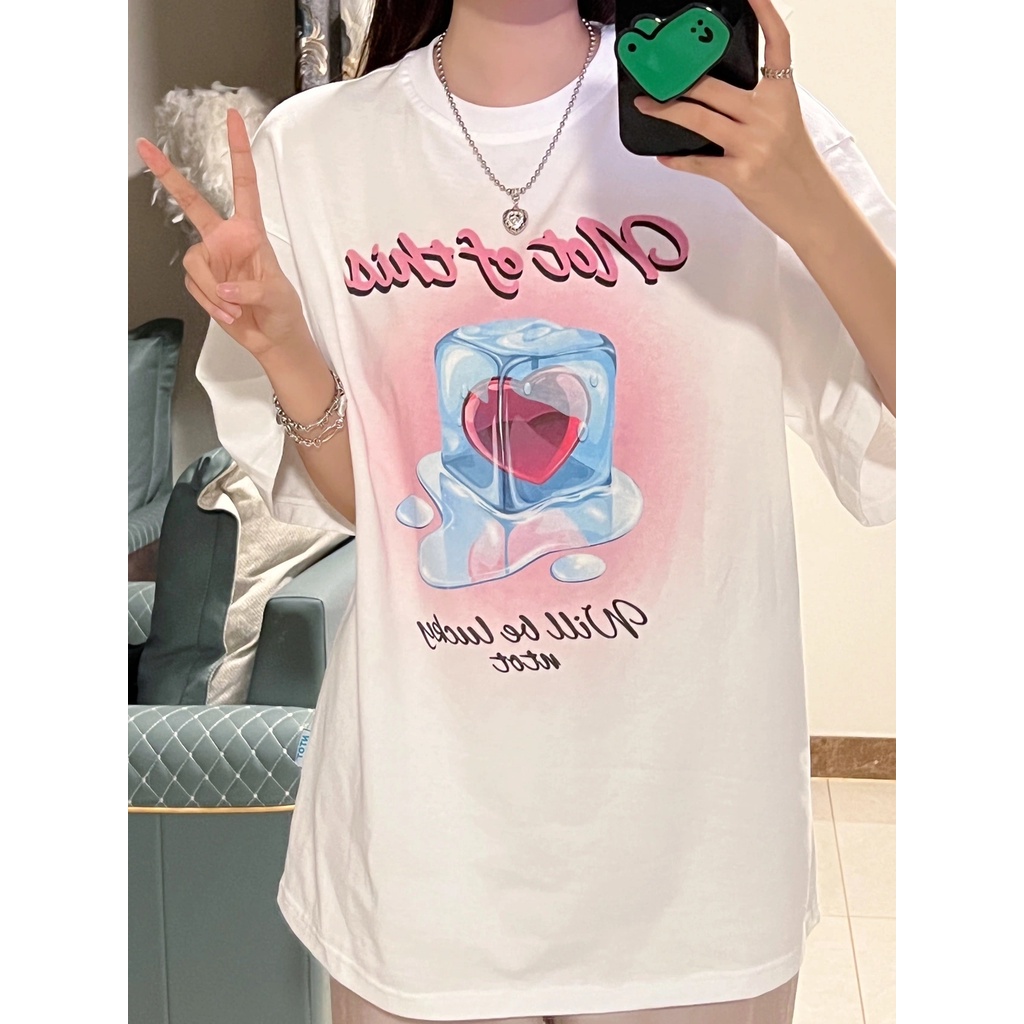 EUNII T-shirt Lengan Pendek Cinta Es Batu Pencetakan Longgar Korean Style/Kaos Atasan Wanita/Baju Kaus Oversize Wanita