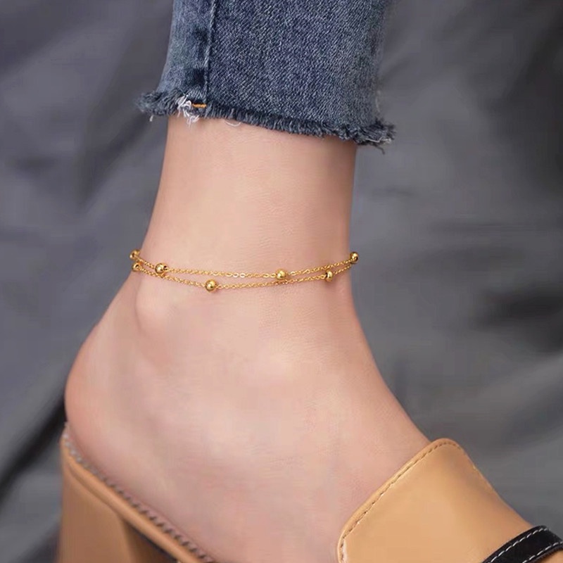 Gelang Titanium 2 Layer Manik Emas 18K Cantik Anti Karat Perhiasan Wanita Korea