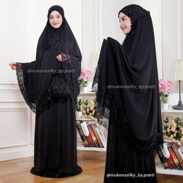 Mukena poeti silky polos dengan renda- hitam