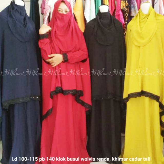 PP Set gamis menyusui syari cadar tali renda mote khimar polos lengan
