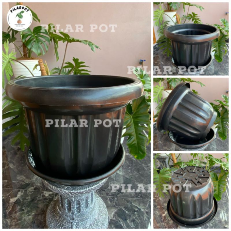 pot bunga tanaman plastik hitam 50cm + tatakan bawah