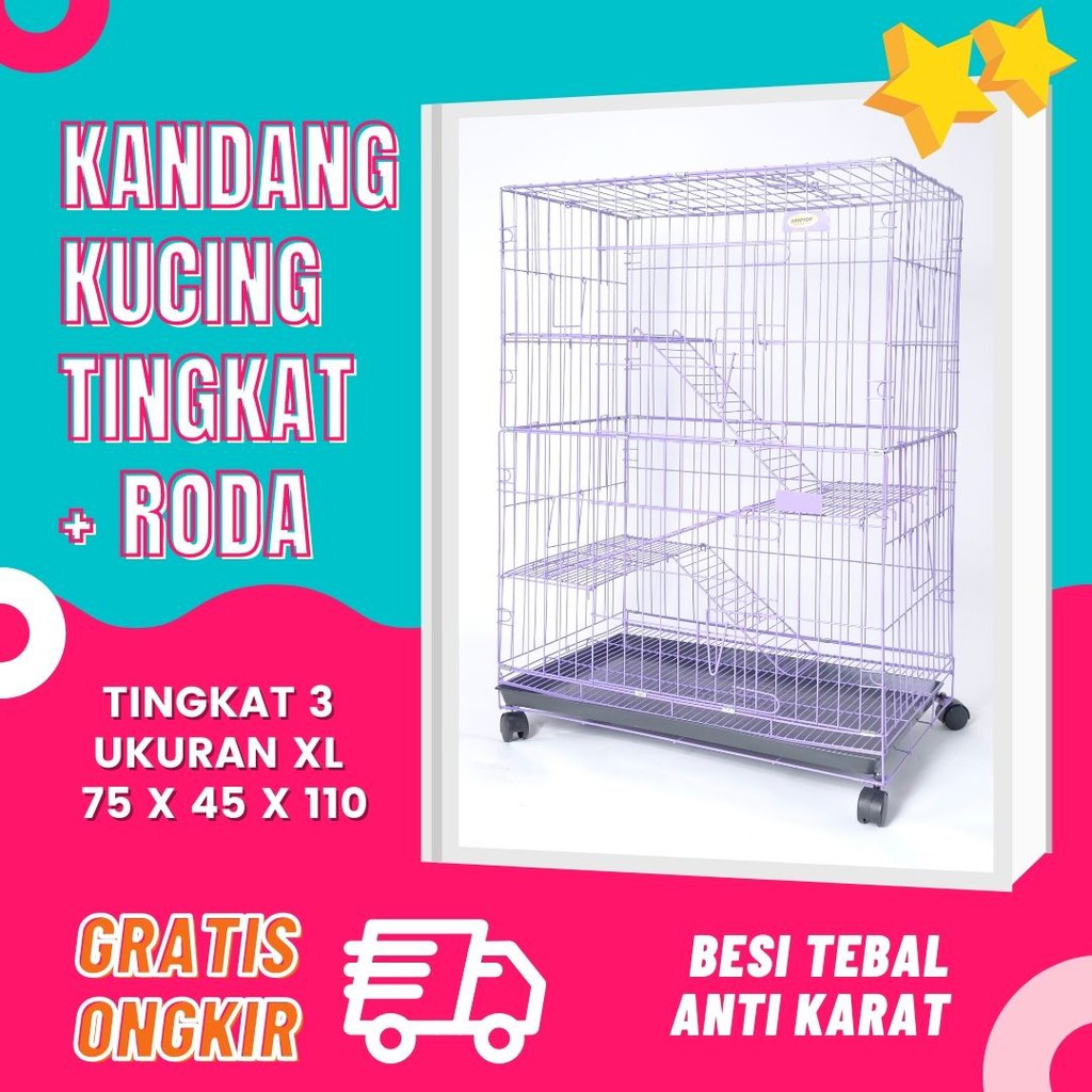 Kandang Kucing Tingkat 3 Jumbo Size XL Ukuran 110x75x45cm + RODA (bisa untuk 5-6 ekor kucing dewasa-1