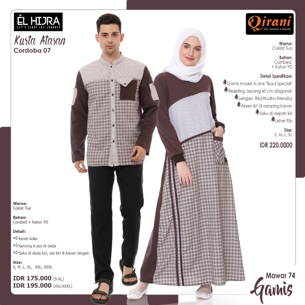 [COUPLE SET] GAMIS QIRANI + KEMEJA ELHIJRA WARNA COKLAT TUA