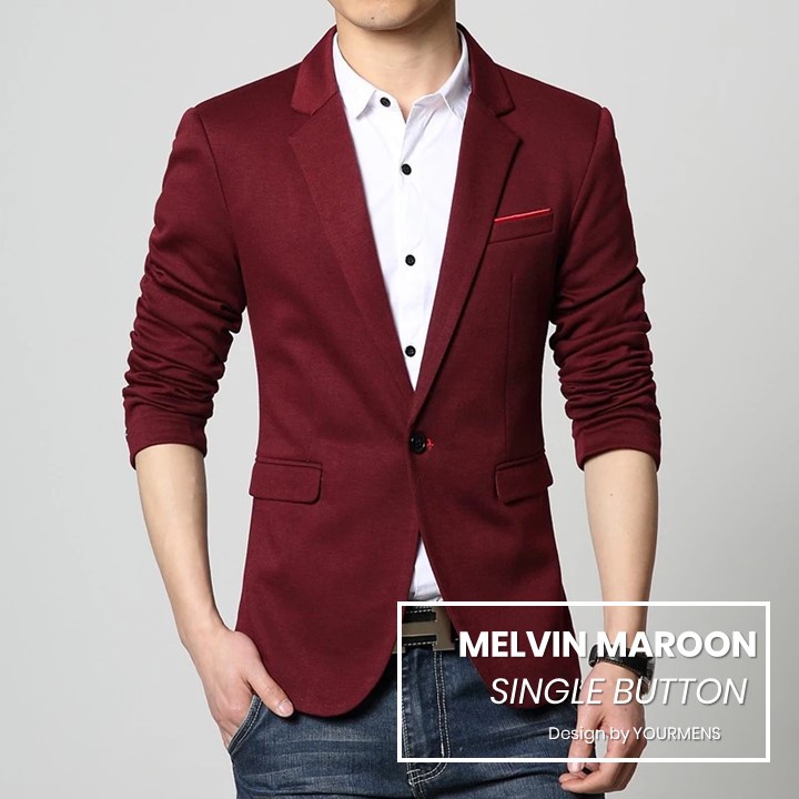 BLAZER PRIA SLIMFIT WARNA MAROON MELVIN TWIST SINGLE BUTTON ORIGINAL - BLAZER COWOK WARNA MAROON SLIMFIT BAHAN HIGH TWIST ORIGINAL NIKAYU (S,M,L,XL)