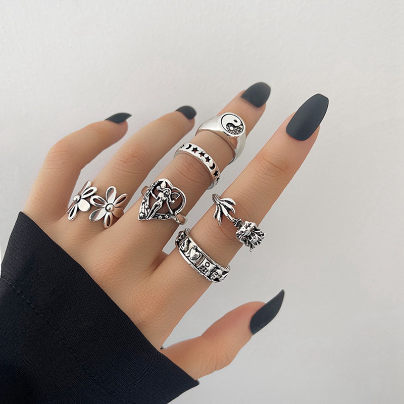 Fancyqube Set Cincin Rantai Desain Kupu-Kupu Bunga Geometris Gaya Vintage Bohemian Punk Gothic Untuk Wanita
