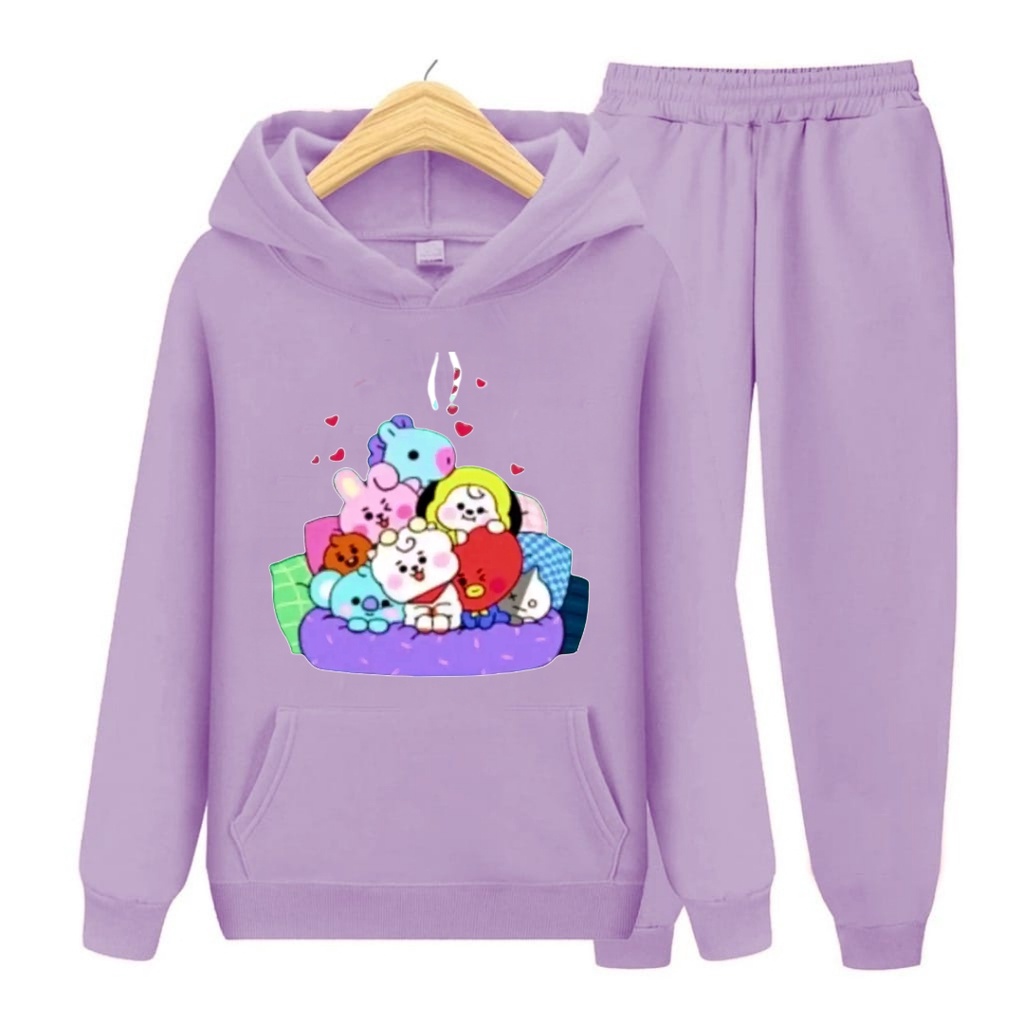 Setelan Anak Sweater Hoodie BT21 x BTS Anak Perempuan Set Sweater Anak Kekinian
