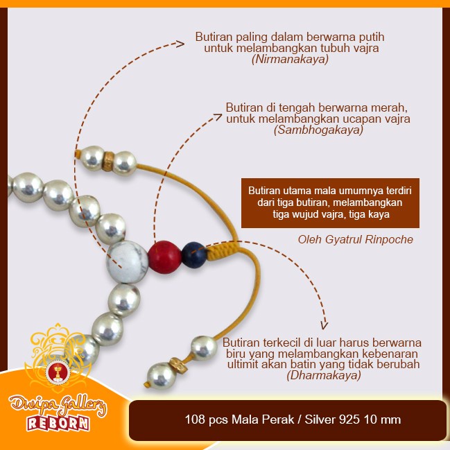 Tasbih / Mala Buddha 108 pcs Silver 925 10 mm Premium bahan Perak