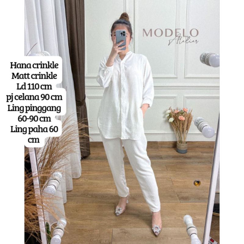 Setelan Celana Wanita Hana Set Crinkle Airflow One Set Kemeja Polos Piyama Pajamas Terbaru