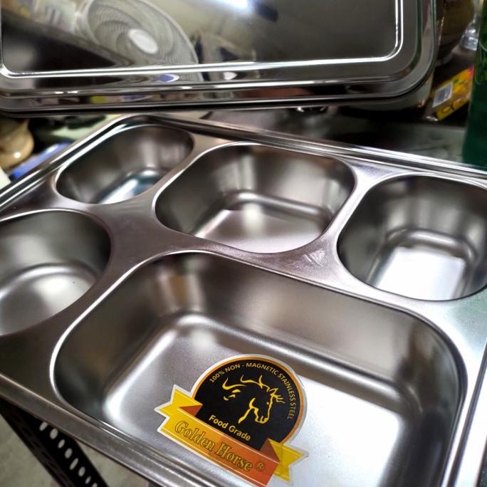 Plato / Food Tray / Piring / Tempat Makan Sekat 5 + Tutup Stainless