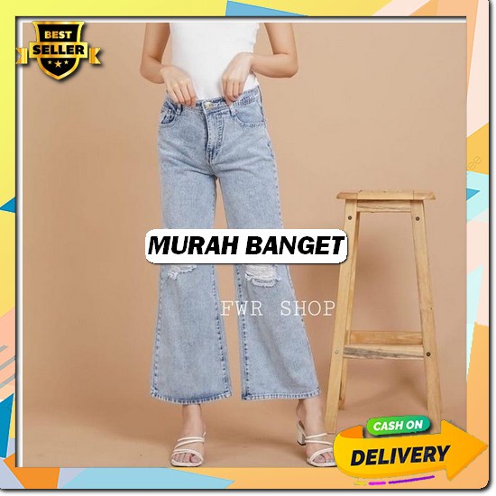Grosirpkl - Highwaist Loose Jeans Celana Boyfriend Wanita Sobek Bawah Rawis Fwr - Celana Kulot Jeans