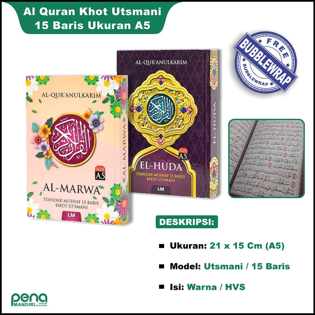 ALQURAN SAMSIA TANGGUNG (HVS A5) KHOT UTSMANI 15 BARIS - AL QURAN WAKAF