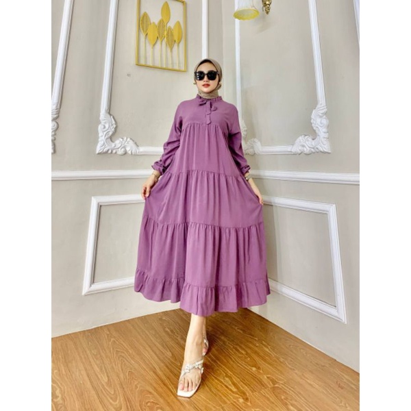 midi dress susun polos terbaru kekinian