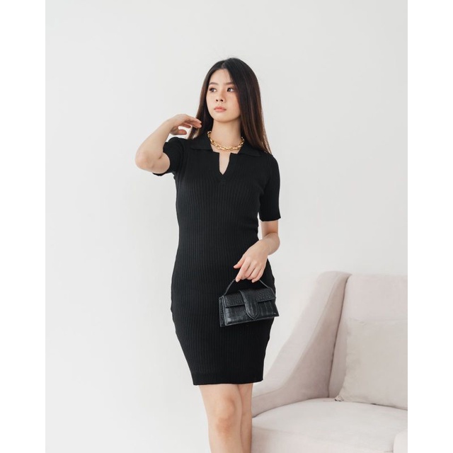 [ Kyomi ] Chloe Dress Wanita Knit Premium Import Korea Korean Style Hitam Putih Rajut Slim Fit Pas B