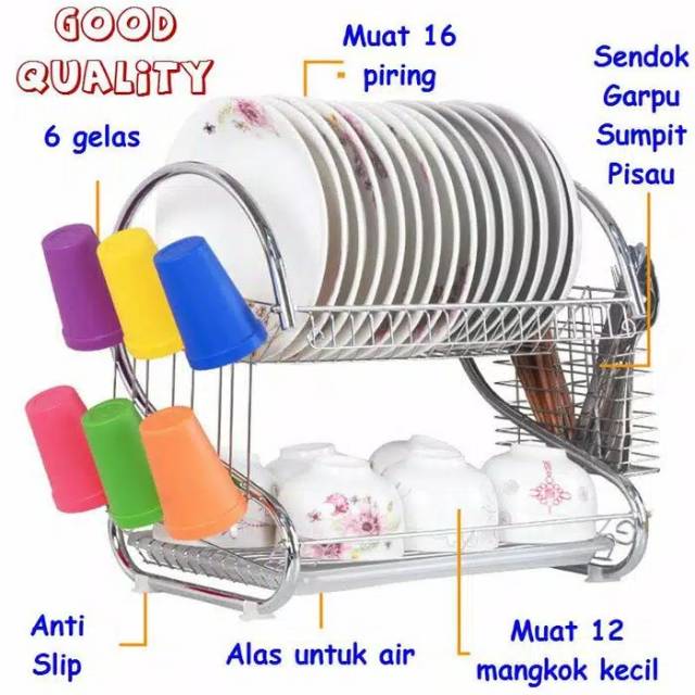 Rak Piring Stainless 2 Susun Murah - Rak Peralatan Dapur 2 Tingkat - 2 Tier Dish Drainer