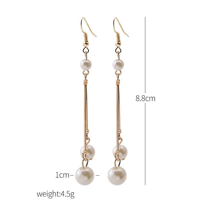 Anting Tusuk Gantung Panjang Desain Rumbai Mutiara Bulat Warna Putih Untuk Wanita