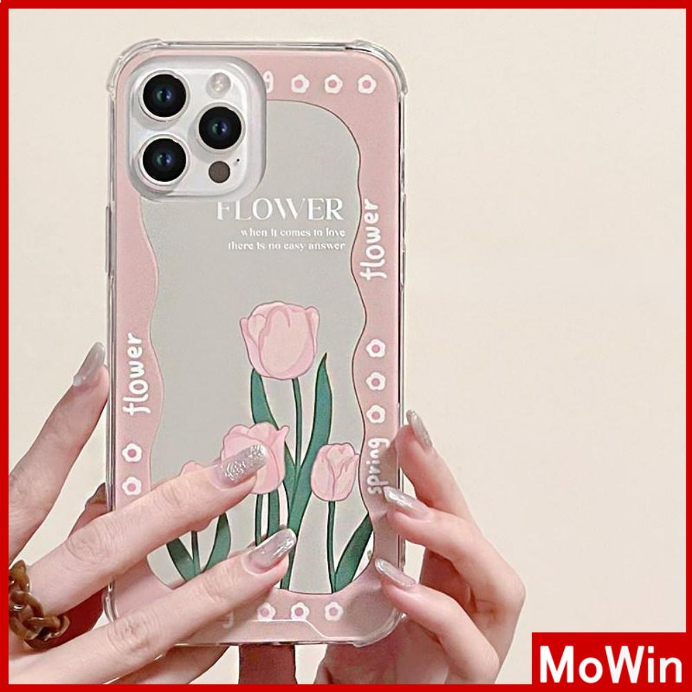 iPhone Case Acrylic HD Mirror Laser Airbag Shockproof Protection Camera Cute Pink Tulip Flower Compatible For iPhone 11 iPhone 13 Pro Max iPhone 12 Pro Max iPhone 7 Plus iPhone xr