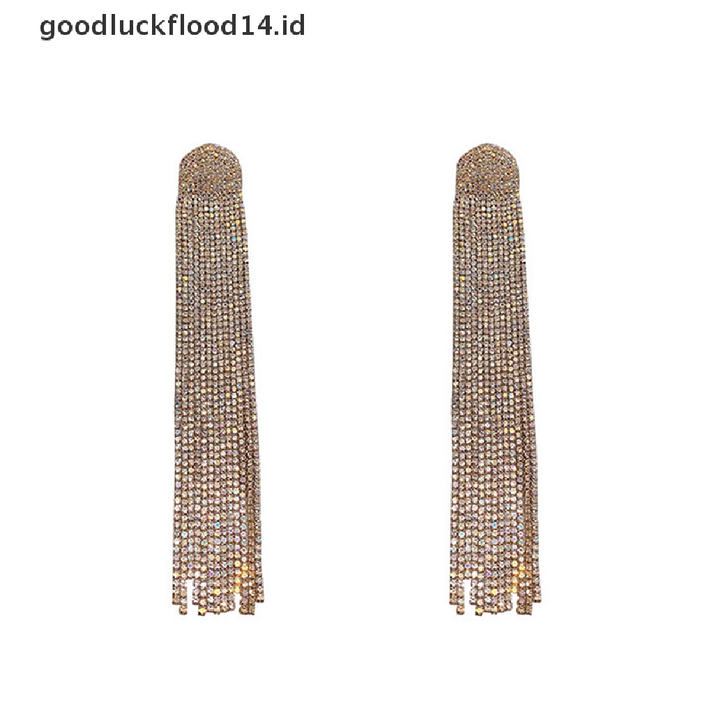 [OOID] Long Tassel Full Rhinestone Drop Earrings Ovsize Crystal Dangle ID