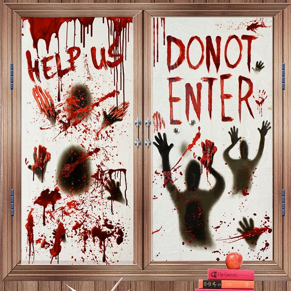 [Elegan] Stiker Jendela Removable Bloody Door Poster Jangan Masuk DIY Horror Handprint Alat Peraga Rumah Berhantu