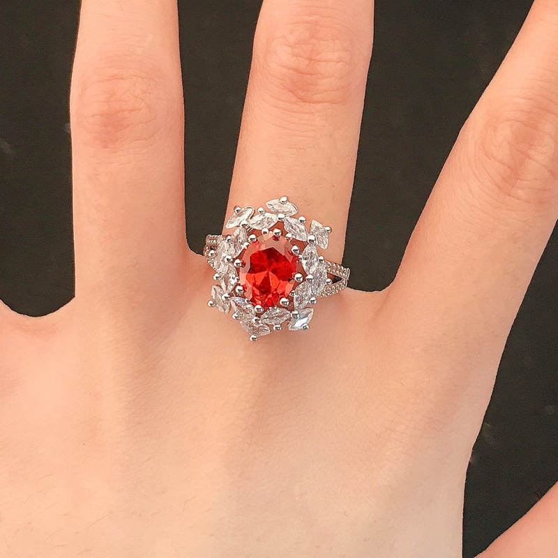 Fancyqube Cincin Silver Bentuk Kepingan Salju Oval Hias Cubic Zirconia Aaa Merah Untuk Wanita