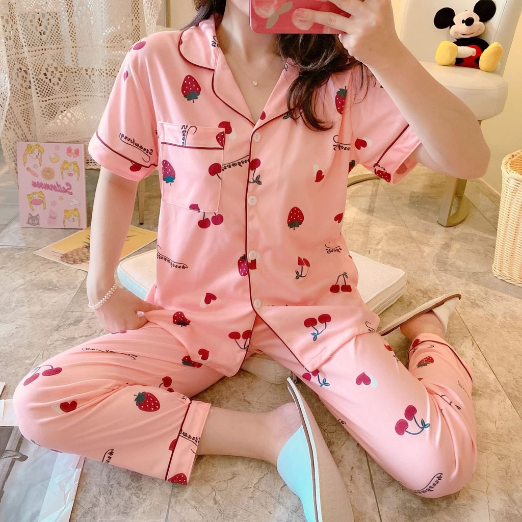 Victoria Baju Tidur Wanita Import Setelan Piyama Motif Kartun Lucu Lembut Fit to XXL 4074