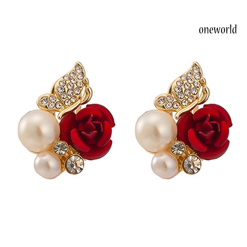 OW@ Earrings Red Rose Flower Faux Pearl Decor Exquisite Alloy Ear Studs Jewelry Gift for Party