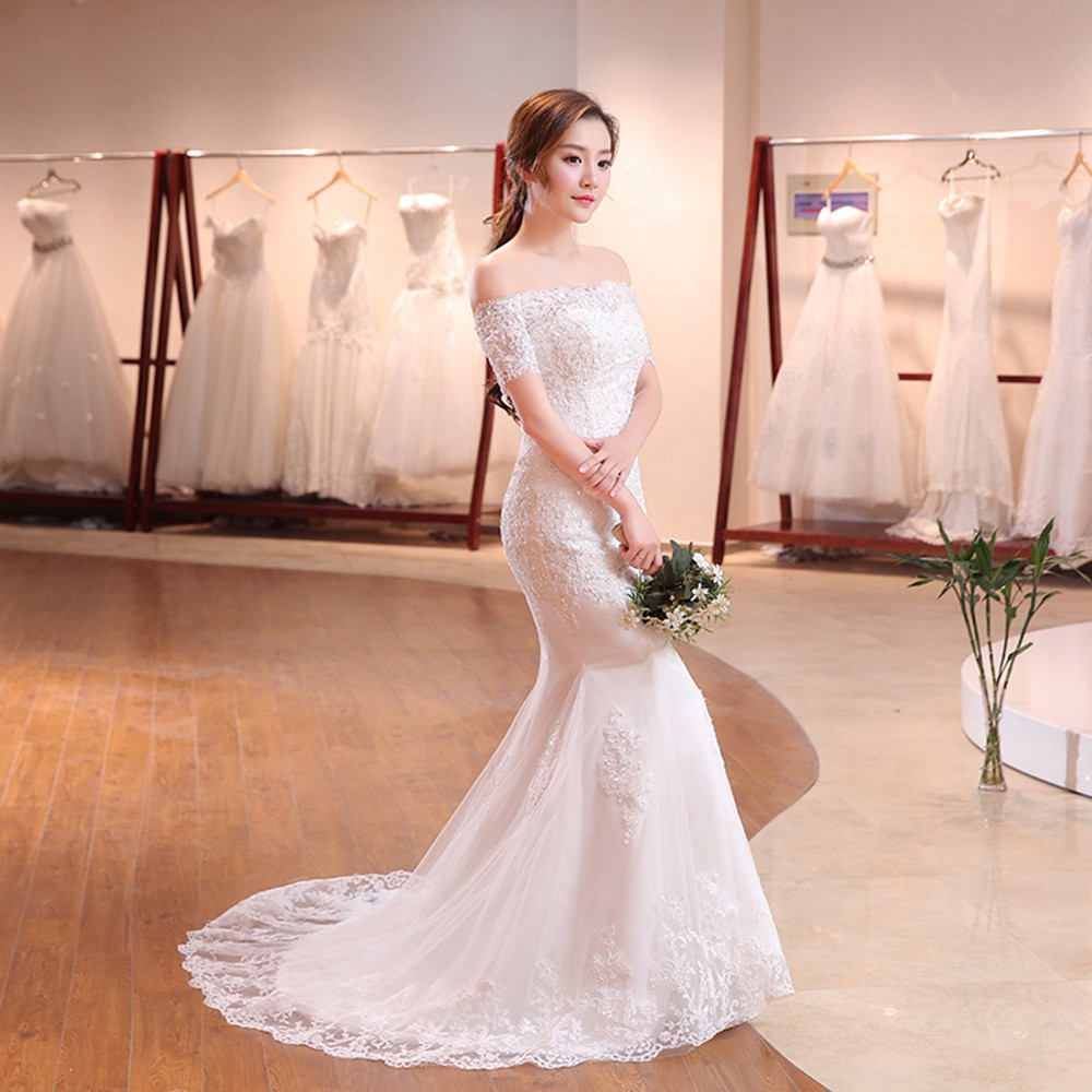 Putih Sabrina Mermaid Wedding Dress Gaun Pengantin Renda Putri Duyung Fishtail Wedding Dress