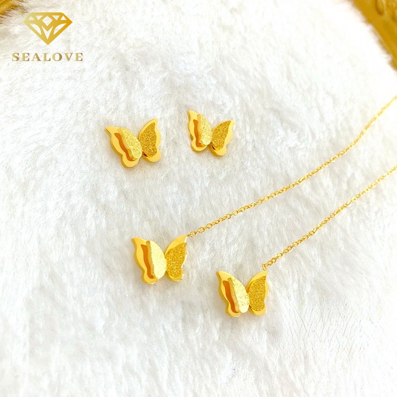 SEALOVE Anting Kupukupu Korea Titanium Panjang Anti Karat Lapis Emas 18K Aksesoris Wanita Anting Rumbai Perhiasan