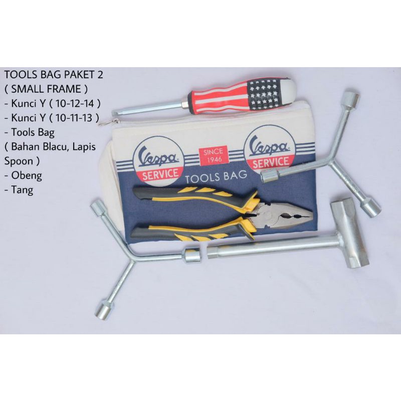 Tools Bag alat komplit tas kunci busi motor vespa dompet busa anti getar tas kunci busi obeng tang kunci Y wajib punya di vespa clasik.Kelengkapan tergantung paket pilihan - tas- Obeng amerika bagus - Tang ukuran 8 inch cukup - Kunci busi pts-5