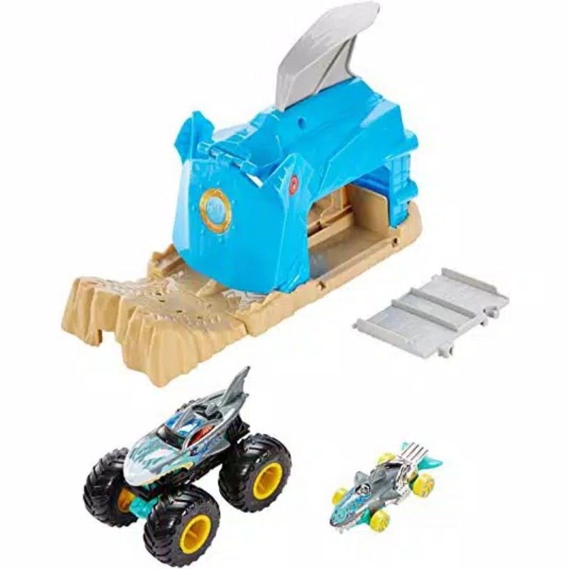 Diecast Hot Wheels Pit And Launch Monster Truck Playset Set Track Builder Shark Wreak Bone Shaker HW