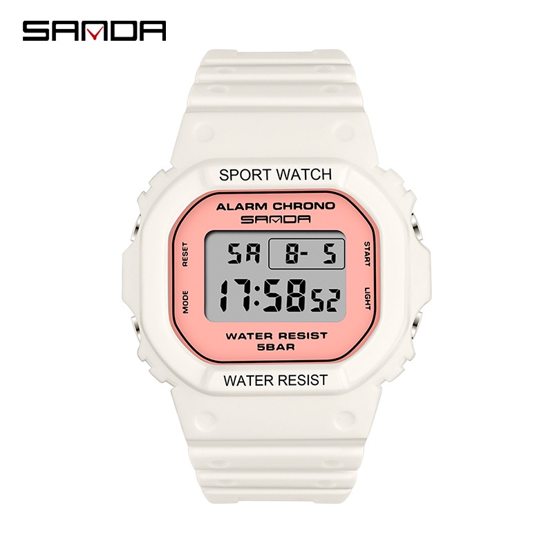 SANDA 293C Jam Tangan Wanita Pria Digital Tali Rubber Chronograph Anti Air CURRENOS-Putih Pink