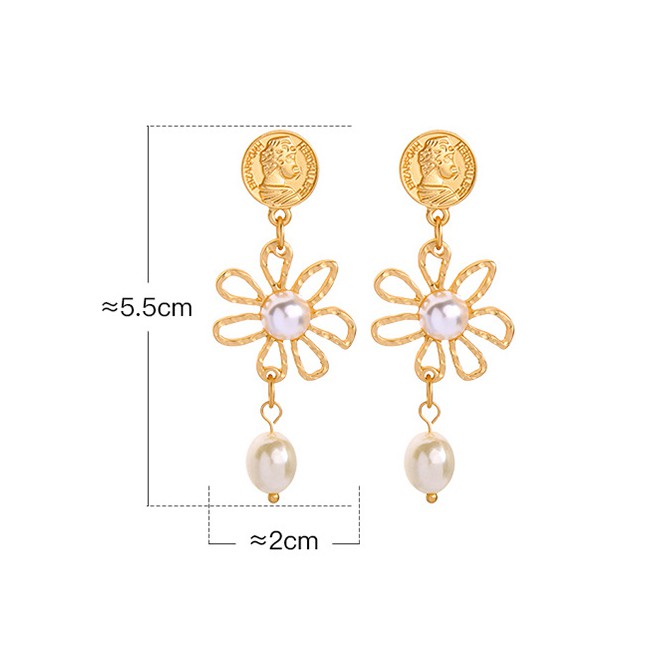 LRC Anting Tusuk Fashion Gold Flower Geometric Face Coin Pearl Earrings F94072