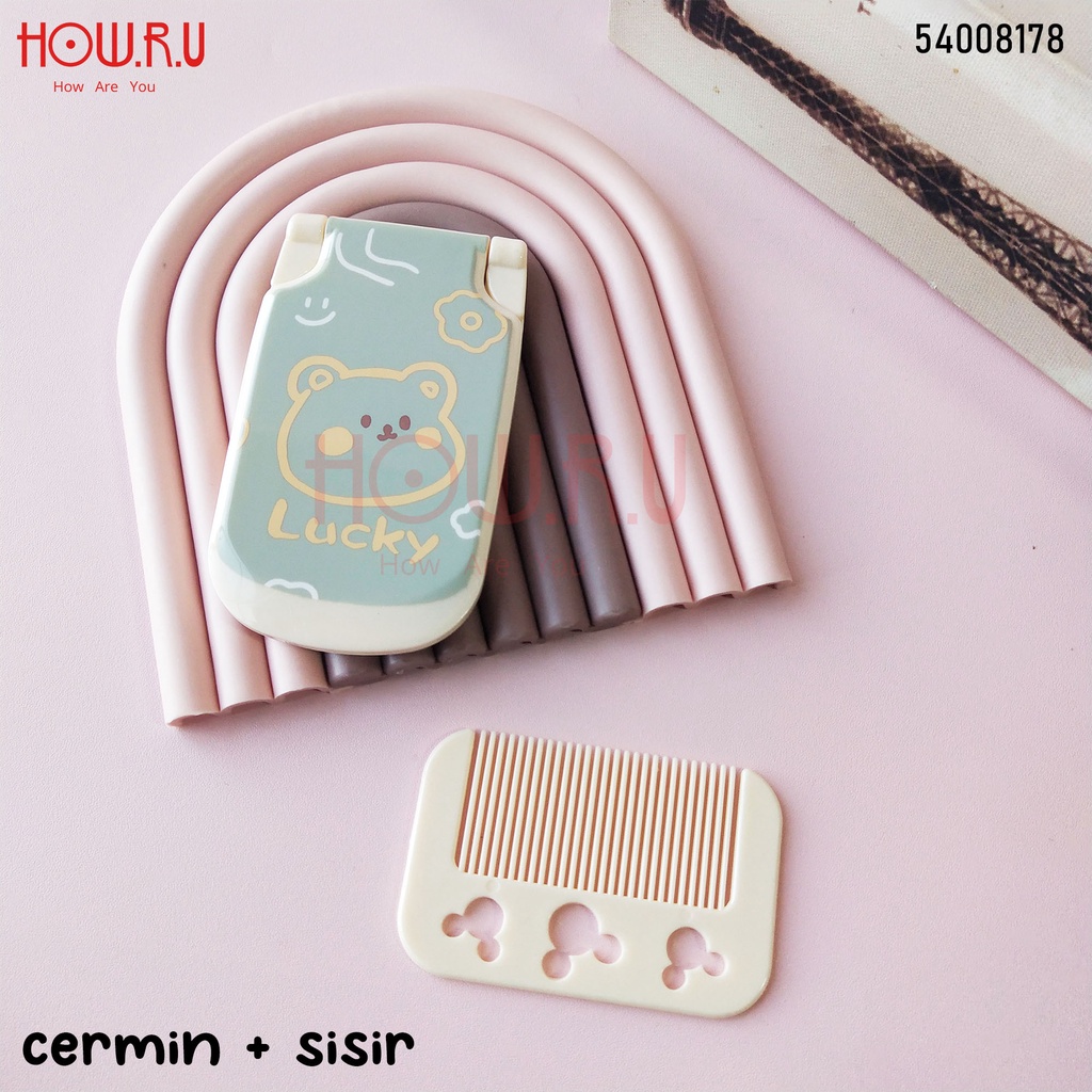 HOW.R.U | Cermin + Sisir Lipat Size Mini Korean Style Warna Pastel Lucu