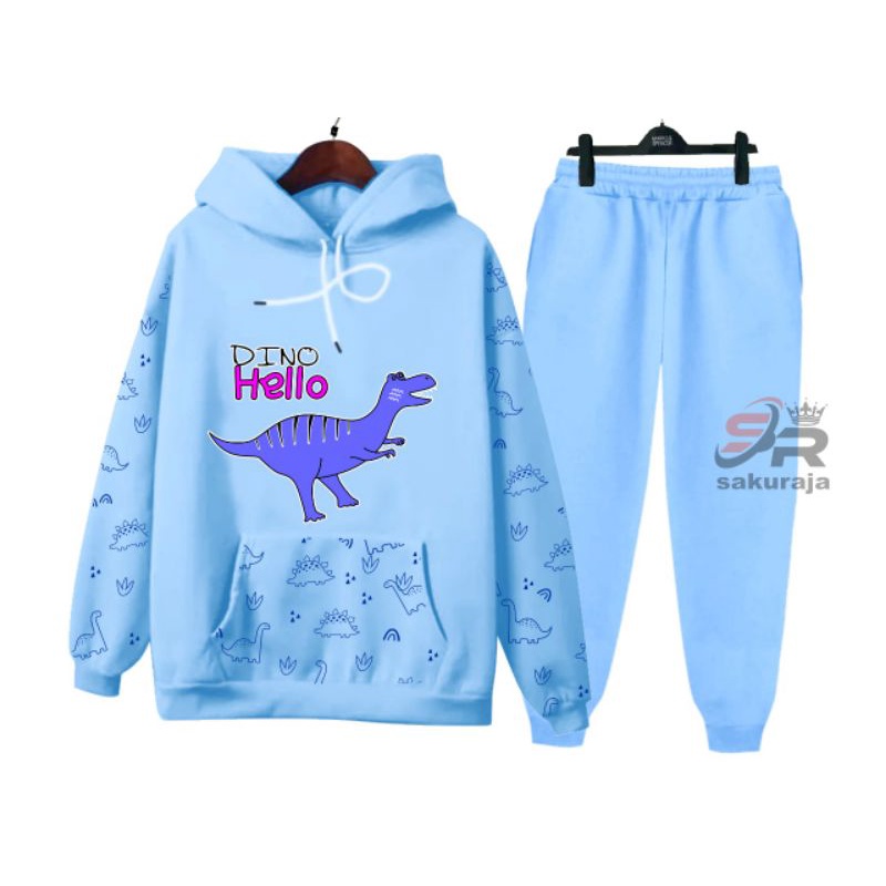 setelan hoodie anak Dino/setelan celana panjang anak/model kekinian/umur 3-10 tahun bisa COD