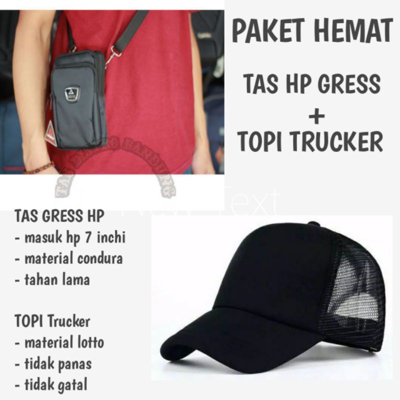 [ PAKET HEMAT ] Tas Gress hp 7 inchi + Topi Trucker Hitam Polos / Topi jaring