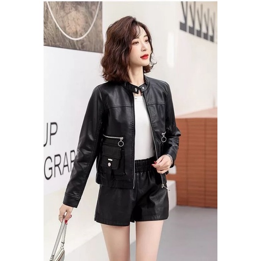 jaket kulit crop wanita/jaket Korea wanita terbaru