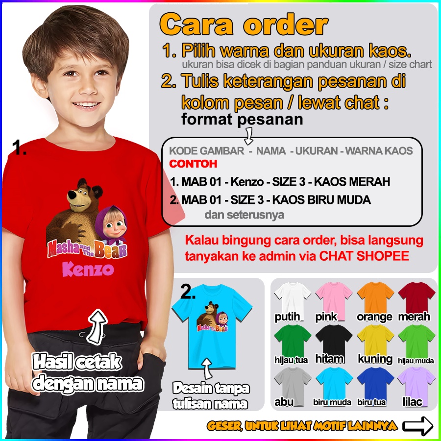 [FREE NAMA!!] Baju Kaos ANAK DAN DEWASA MASHA AND THE BEAR BANYAK MOTIF