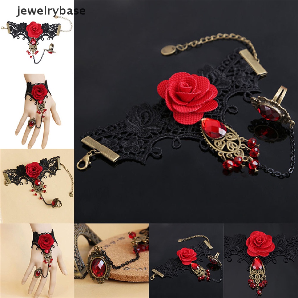 Gelang Cincin Jari Adjustable Bahan Lace Motif Mawar Merah Gaya Gothic Elegan