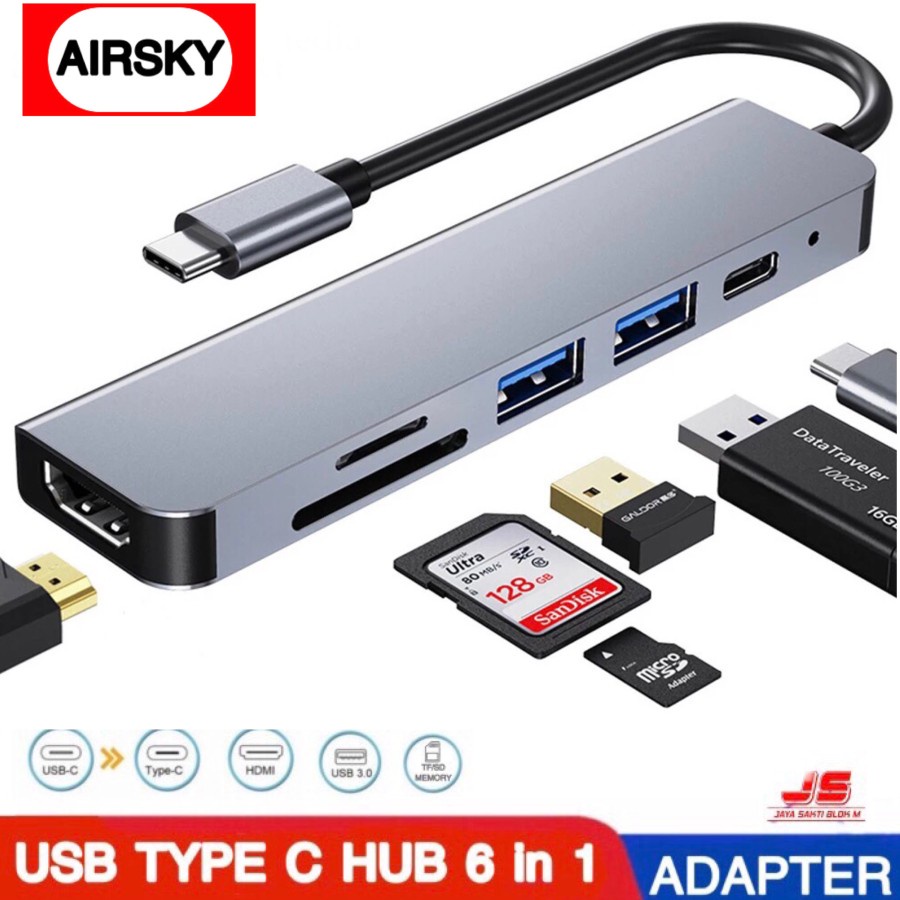 USB TYPE C AIRSKY HUB 6 in 1 TO HDMI 4K,Card Reader,USB3.0,pD 3.0