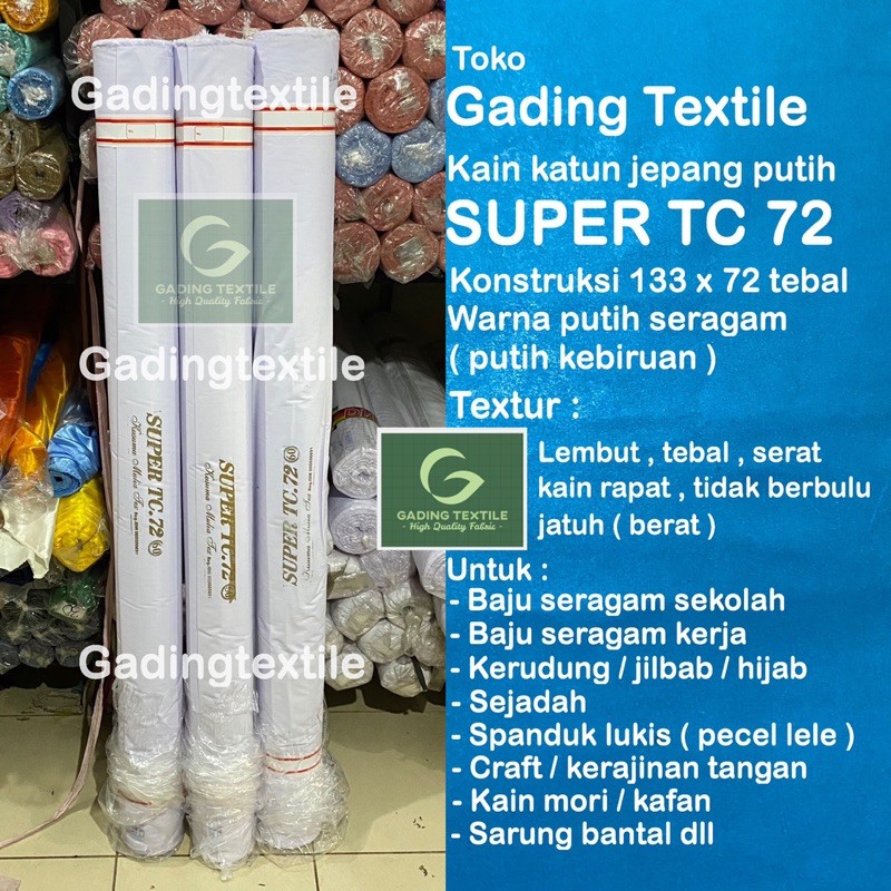 ( per setengah meter ) Kain tetoron katun polos jepang putih tebal SUPER TC 72 lebar 150 cm meteran bahan baju kemeja hem atasan seragam sekolah kerja kerudung jilbab hijab background backdrop foto mori kafan layar tancap taplak meja tirai hordeng gorden