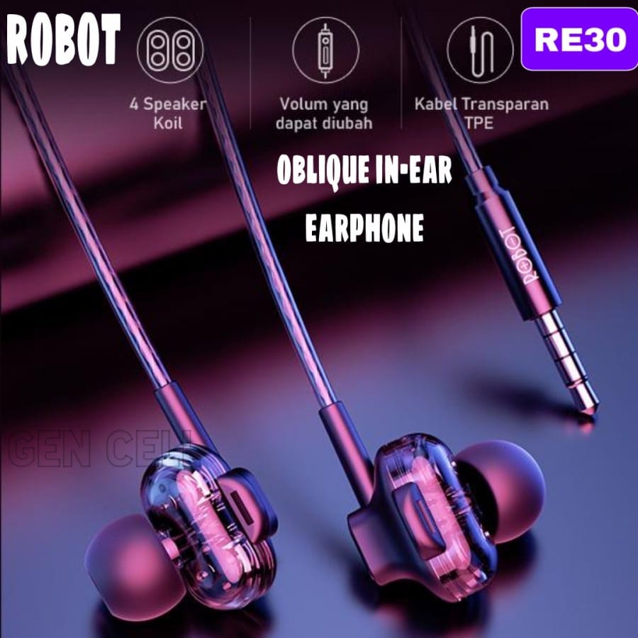 C_   Robot RE30 Wired Headset Earphone Kabel TPE Braided Transparan Black