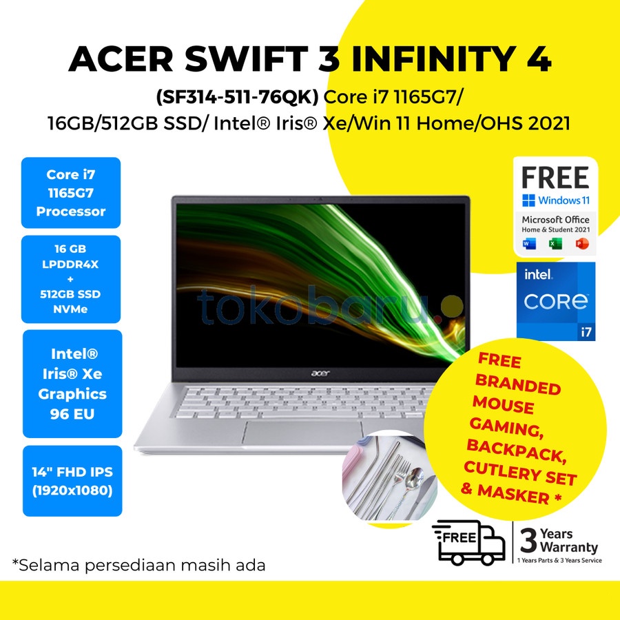 ACER SWIFT 3 SF314-511-76QK I7-1165G7 16GB 512GB SSD FHD IPS WIN11 OHS