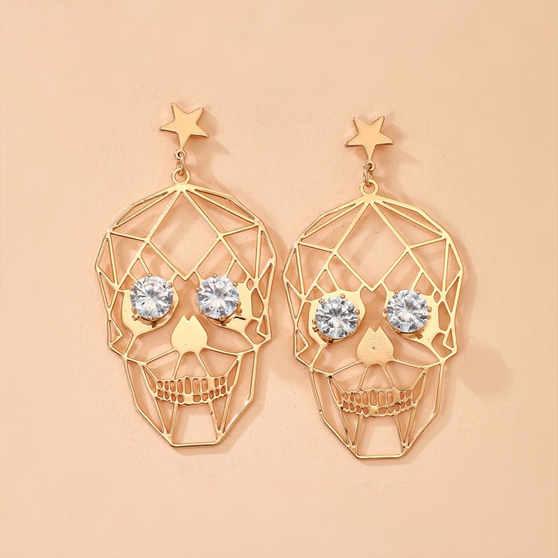 Fancyqube Anting Menjuntai Desain Wajah Tengkorak Halloween Warna Emas Untuk Wanita