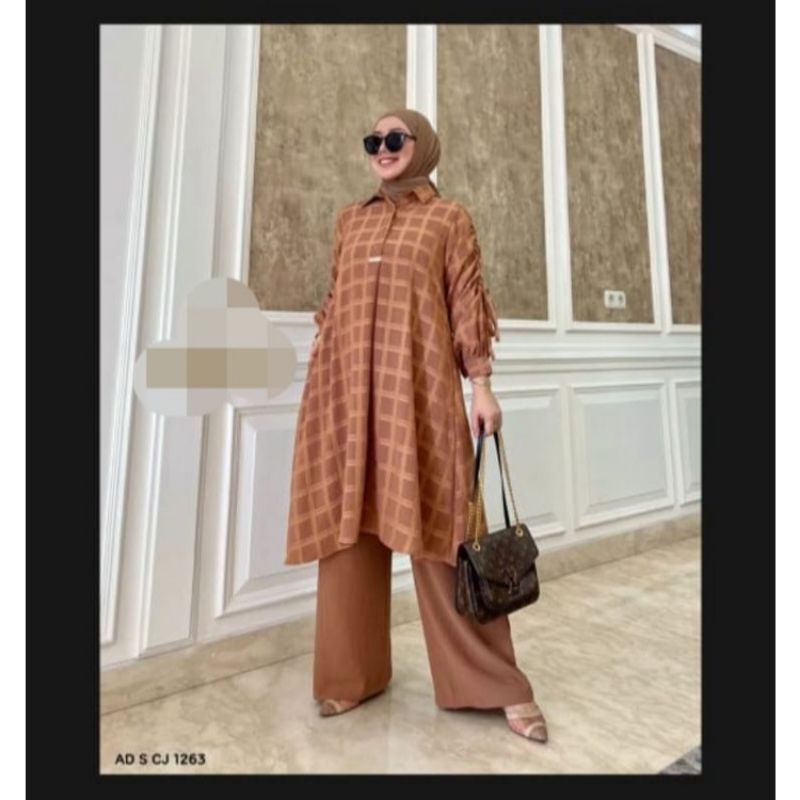 Stelan long tunik kotak cringkle/One set long tunik cringkle kotak terbaru