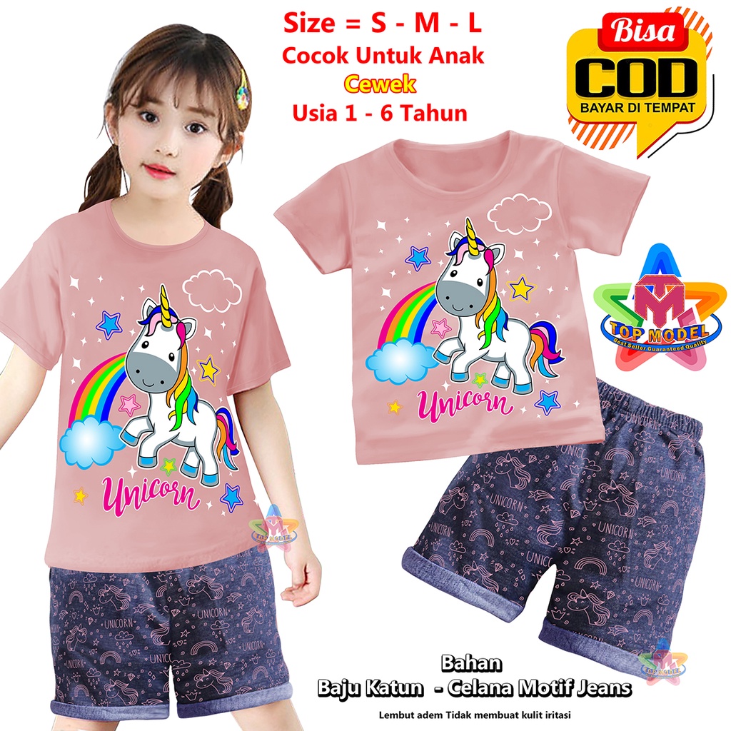 BISA COD &amp; Gratis Ongkir Setelan Baju Anak Celana Jeans UNICON Baby Cewek 1-6 Tahun Wanita TOP MODEL 00059 Baju Anak Pendek terbaru &amp; termurah Bahan Katun Baju Setelan Anak Pendek Paling Tren &amp; Laris Terbaru Kekinian Baju Anak Main Kado Ulang Tahun